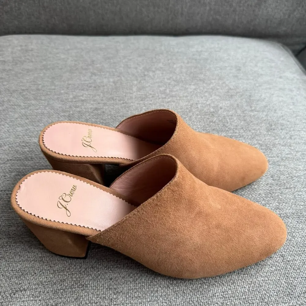 J Crew Ashen Brown Suede High Block-Heel Mules Clogs Shoes Women's Sz 6